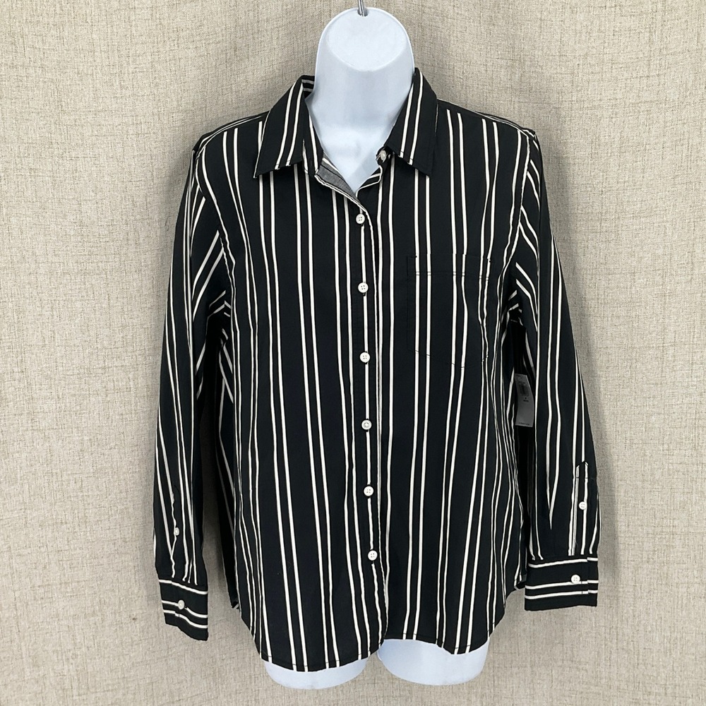 Old Navy The Classic Shirt Women M P Black White Striped Cotton Minimalist NEW